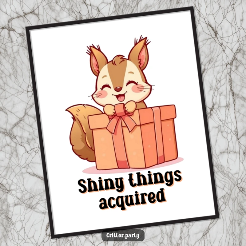 Funny squirrel digital art print of a cute character gleefully unwrapping a large, ribboned present, ready for instant download and display.