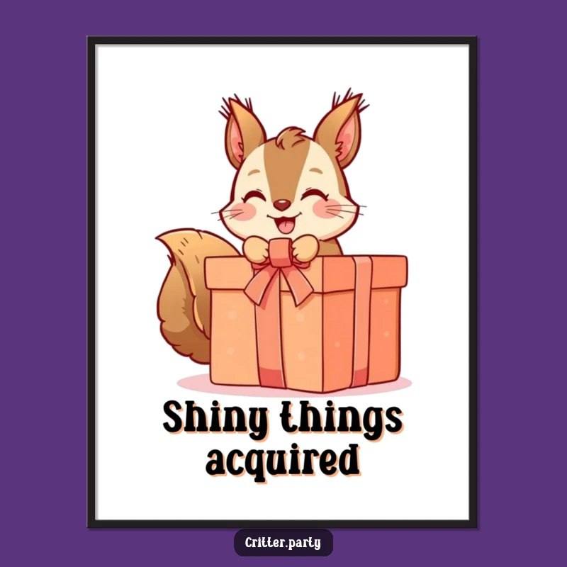 Funny Squirrel Digital Art: Instant Download of Cute Character Unwrapping a Present