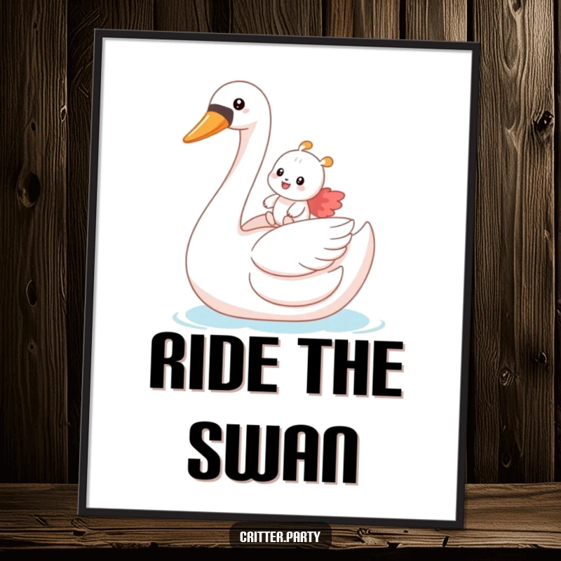 Funny digital art print of a small critter gleefully riding a giant inflatable swan, radiating pure, hilarious escapism.