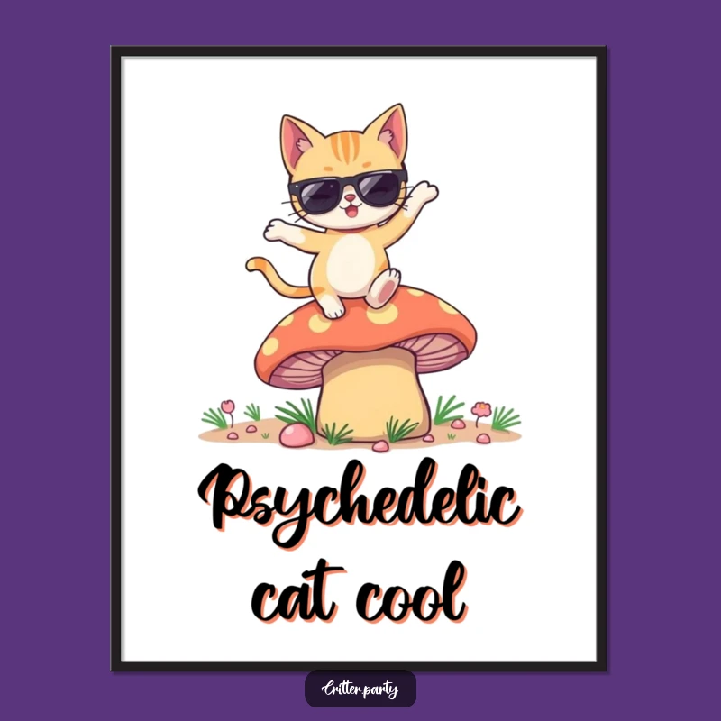Funny Winking Cat Sunglasses Mushroom Dance Digital Print: Instant Groovy Decor