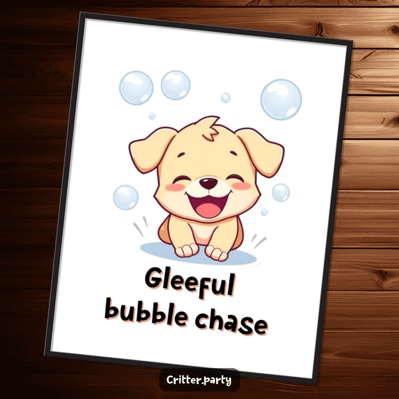 Funny digital art print of a playful puppy with a gleeful, open mouth, joyfully chasing a stream of bubbles.