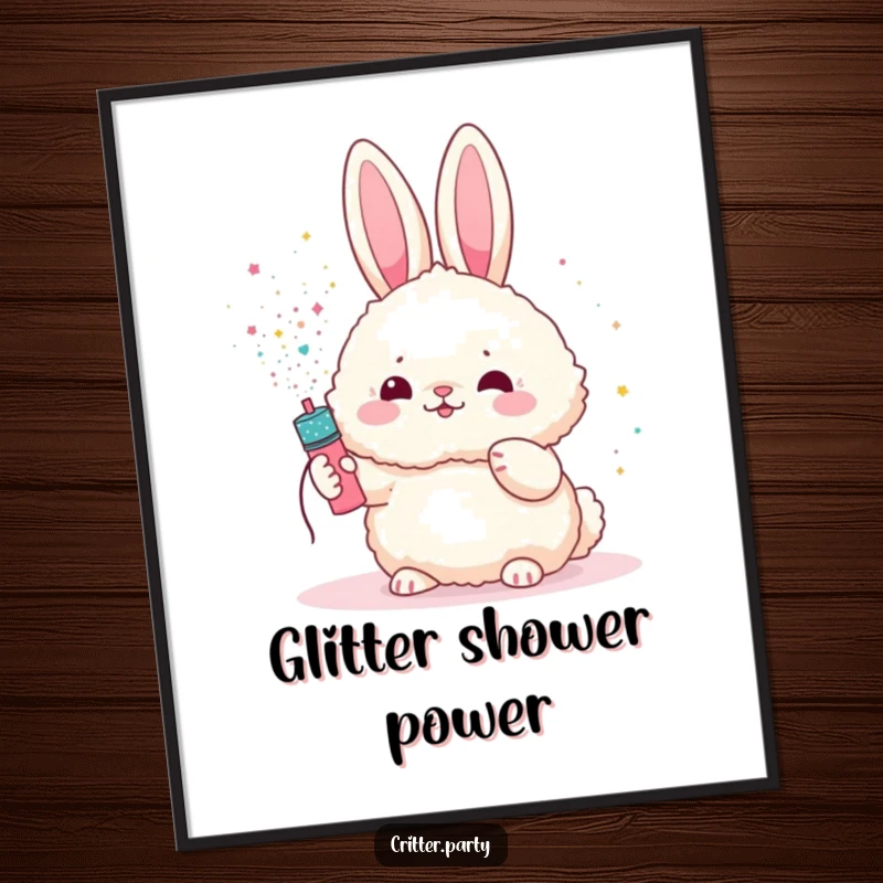 Funny bunny digital art print of a fluffy bunny character showered with glitter from a party popper, ready for download.