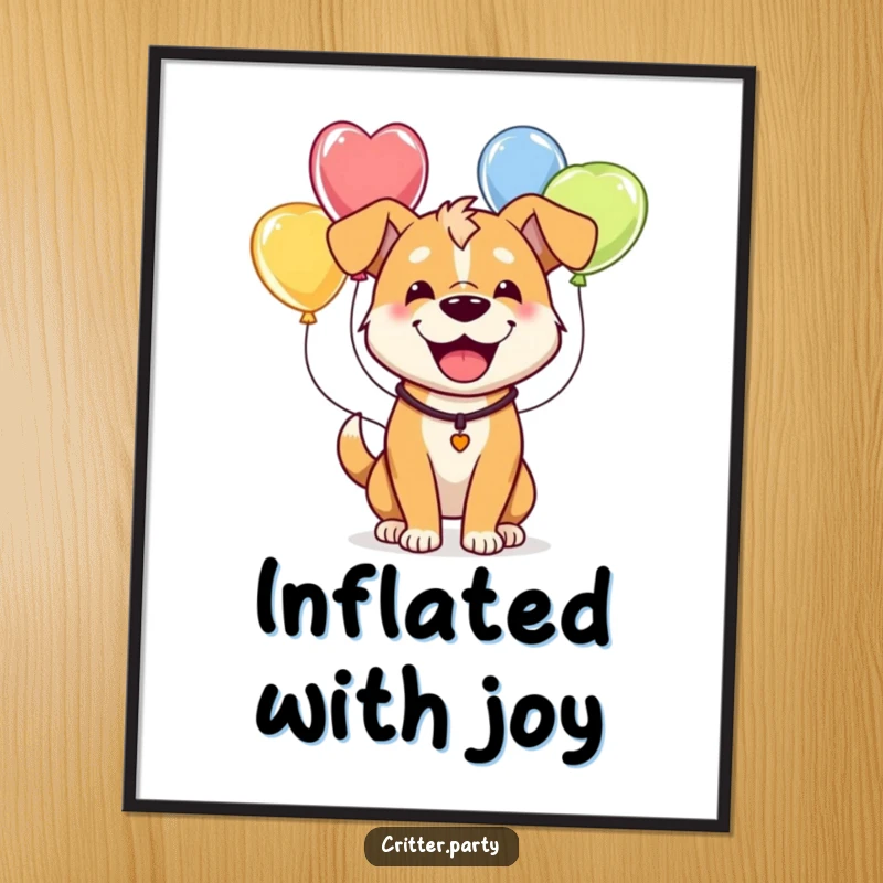 Funny digital art print of a happy dog humorously wearing a string of colorful balloons, creating instant cheer.