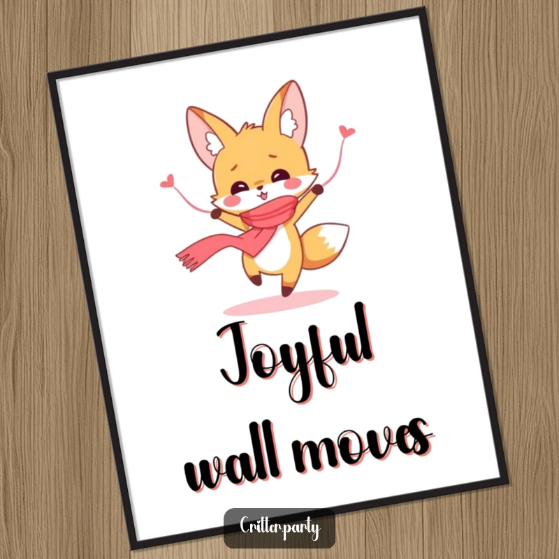 Funny high-resolution digital art of a cute fox dancing with a streamer scarf, radiating pure joy, ready to print.