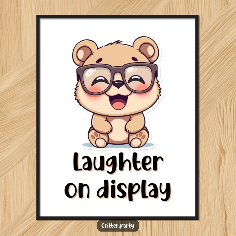 Funny high-resolution digital art of a happy bear cub wearing large novelty glasses, laughing heartily, ready to print.