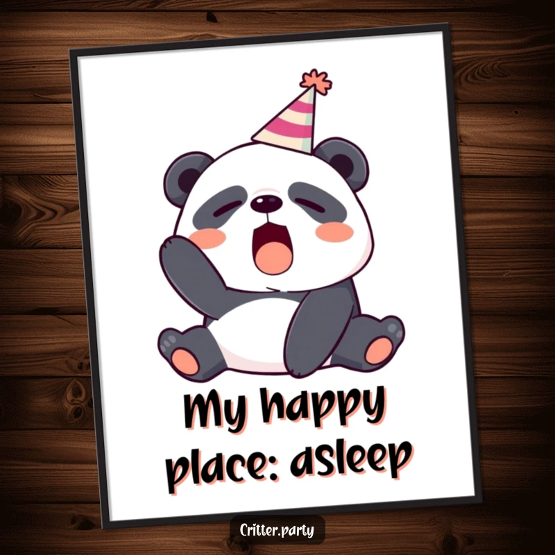 Printable funny digital art of a sleepy panda wearing a party hat and yawning, ready to hang.