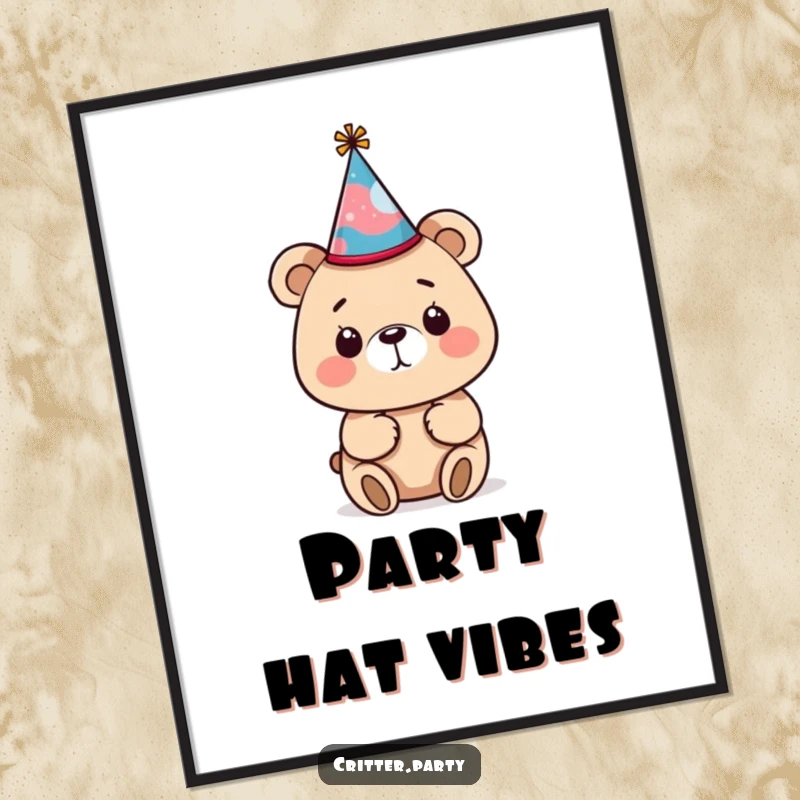 Funny bear digital art print showing a bear's curious attempt to wear a tiny, crooked party hat, instantly downloadable for humorous decor.
