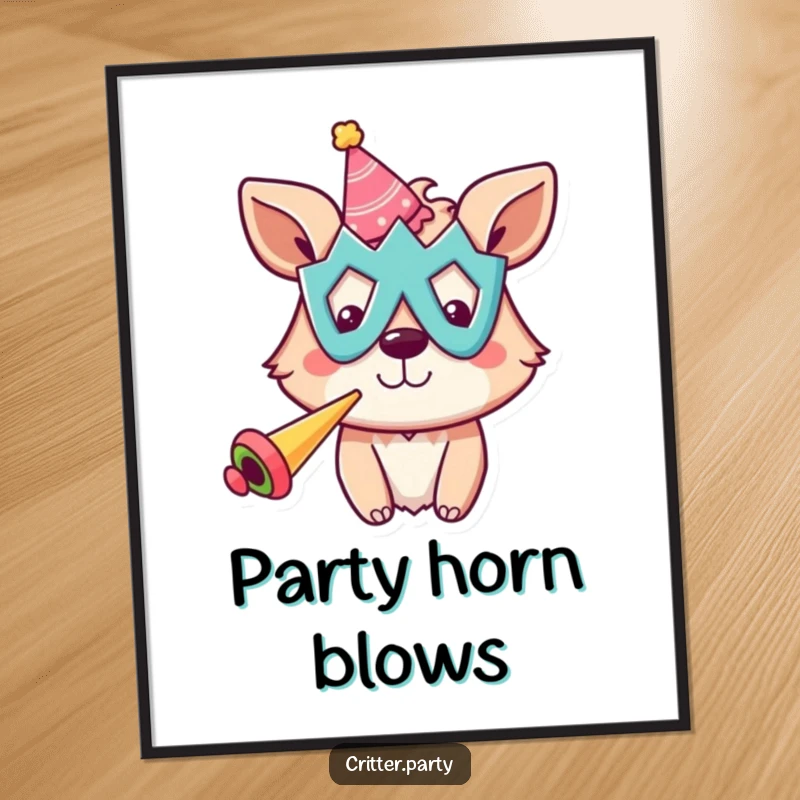 Funny digital art print of a cheerful animal in a silly mask, loudly blowing a party horn with confetti bursting around.
