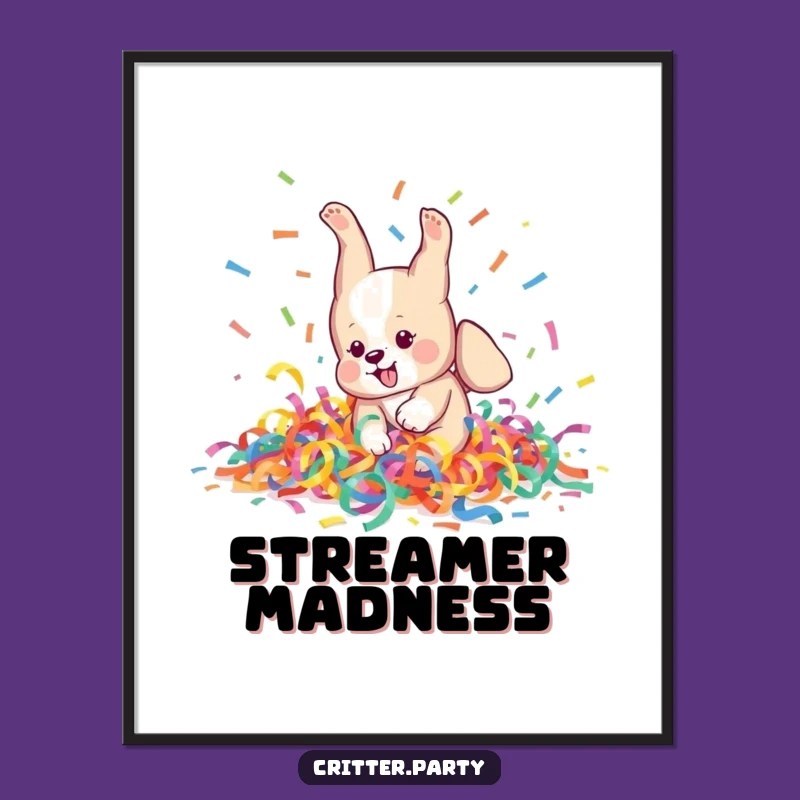 Funny Puppy Celebration Art Print: Pup's Streamer Somersault, Instant Joy!