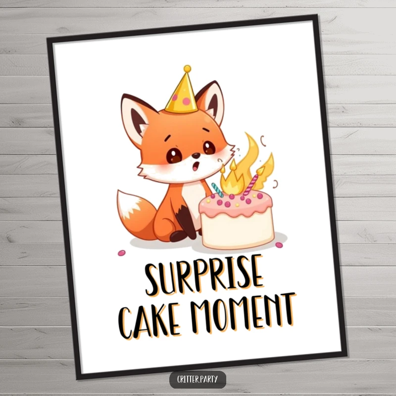 Funny red fox cub digital art print with a party crown, looking surprised at an exploding cake, perfect for vibrant and humorous printable wall art, great for a gift.