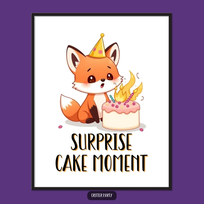 Funny Fox Cub Digital Art Print: Decorate with Surprise Exploding Cake Fun
