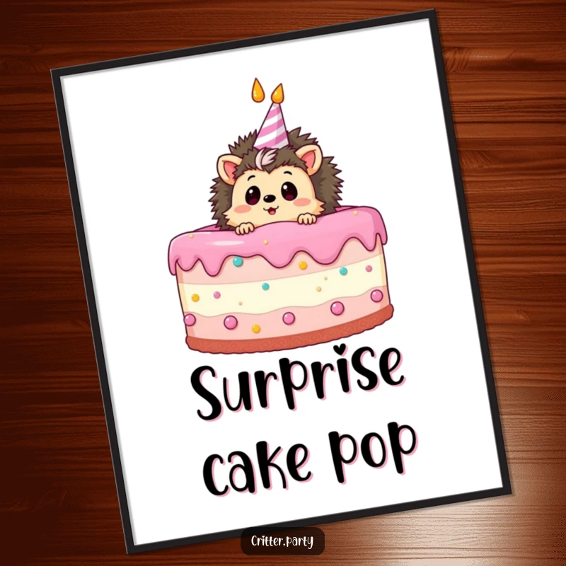 Funny digital art print of a curious hedgehog peeking from a giant birthday cake, conveying sweet surprise.