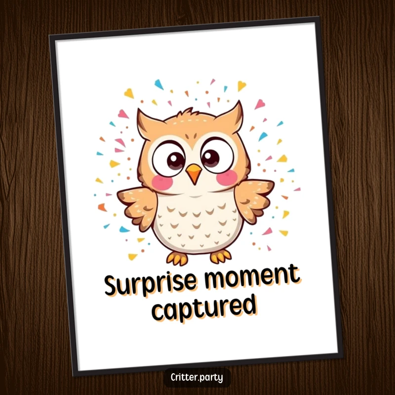 Funny kawaii owl character shocked by a confetti explosion, as a printable digital art file, perfect funny gift.