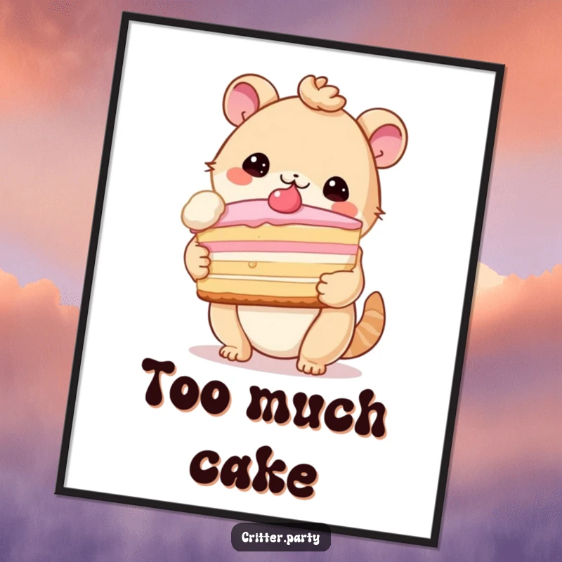 Funny digital art print of a cute critter happily holding an enormous slice of cake, radiating pure dessert joy.