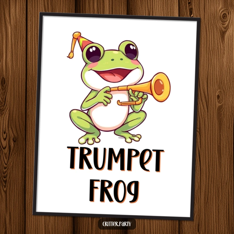 Funny digital art print of a happy frog character joyfully playing a tiny trumpet with a wide smile.