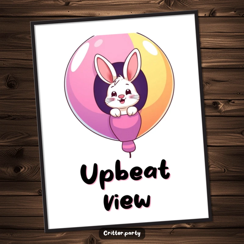 Funny digital art print of a giggling bunny character peeking out from a giant, colorful balloon, adding a whimsical vibe.