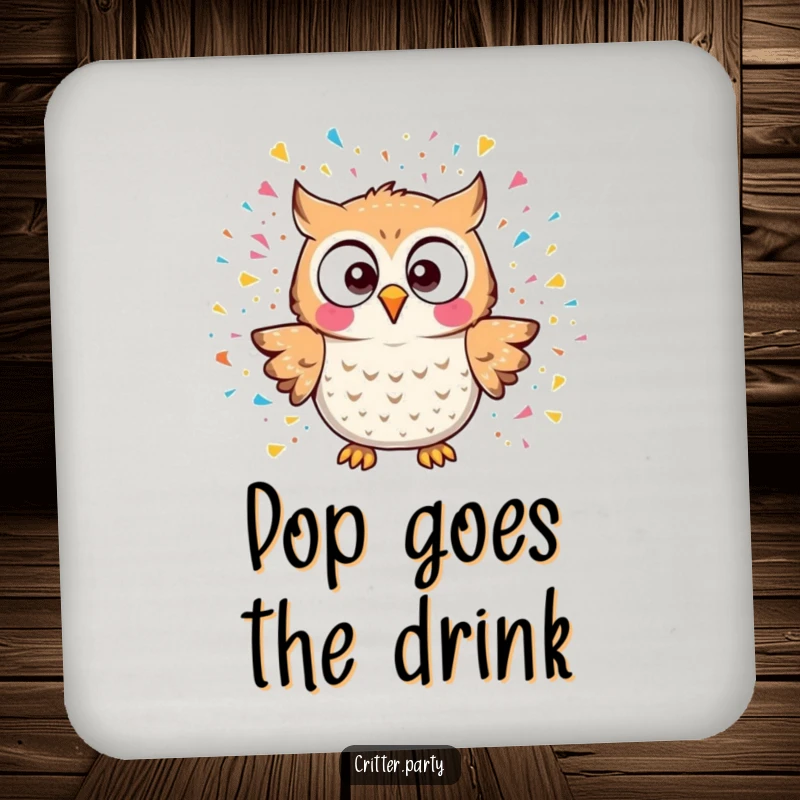 Funny kawaii owl character surprised by a confetti explosion on a protective drink coaster, a cute funny gift.