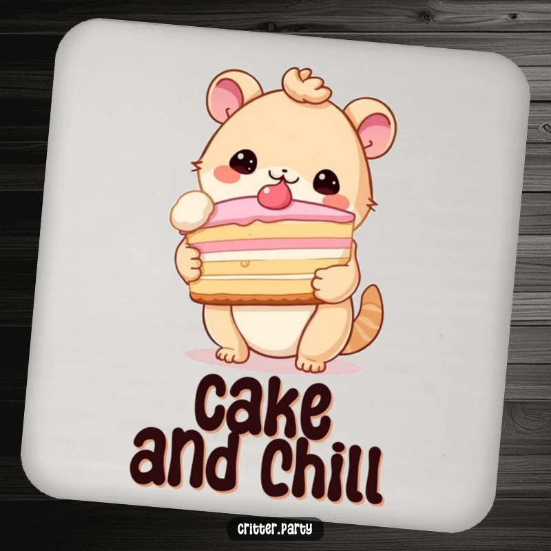 Funny coasters showcasing a cute critter holding a ridiculously large slice of cake, bringing sweet charm to any table.