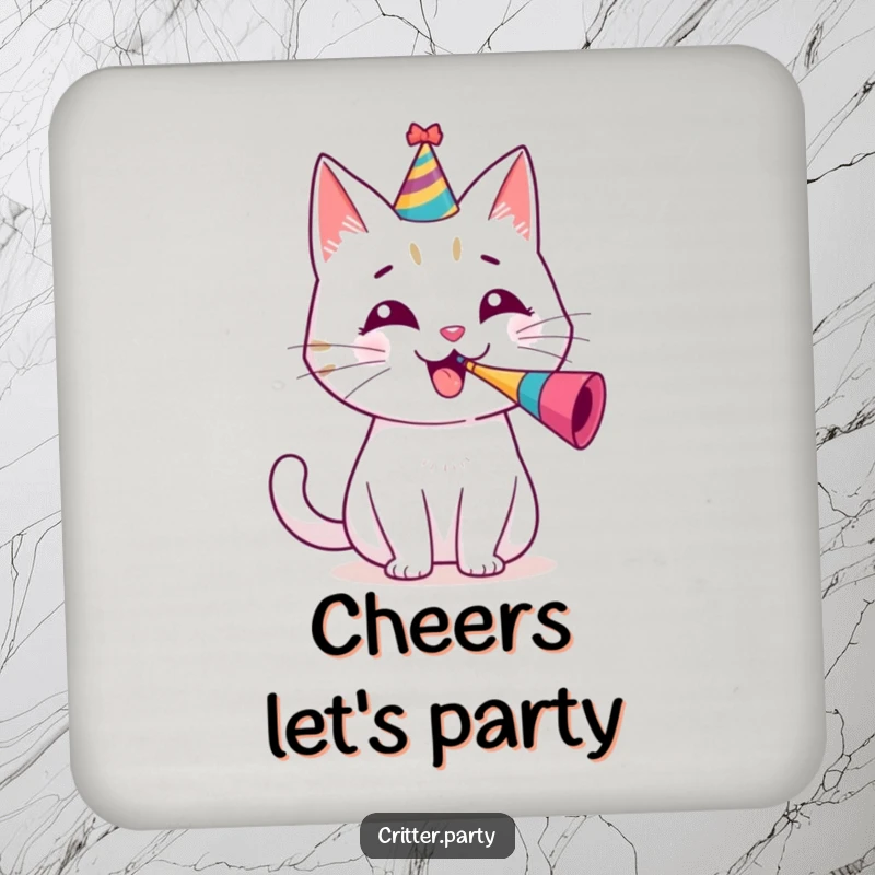 Funny drink coaster with a cheerful cat character wearing a party hat, blowing a tiny party horn with enthusiasm.