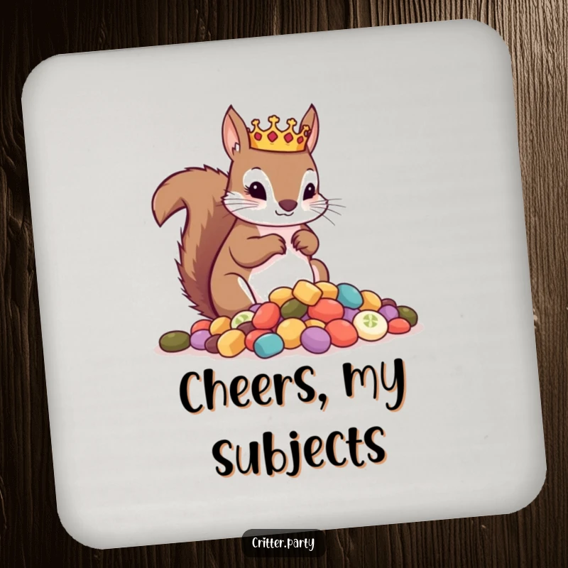 Funny coasters featuring a crowned squirrel surveying treats, protecting tables with a dose of regal humor.