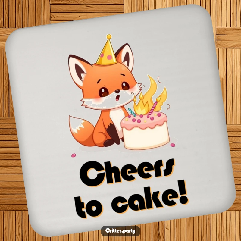 Funny red fox cub drink coaster wearing a tiny crown, surprised by an exploding cake, adding a quirky and protective touch, ideal for a gift.