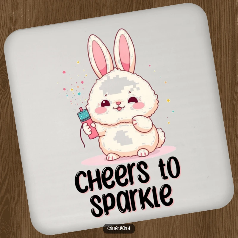 Funny bunny drink coaster featuring a fluffy bunny character showered with glitter from a party popper, adding festive humor.