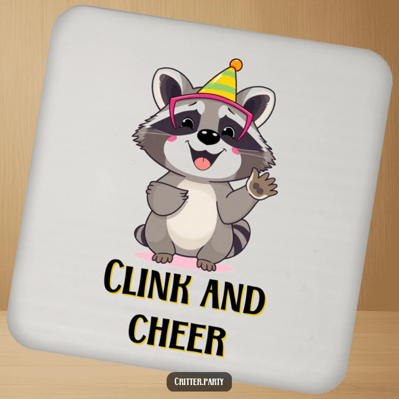 Funny raccoon drink coaster featuring a happy character wearing a colourful party mask, enthusiastically clapping its paws.