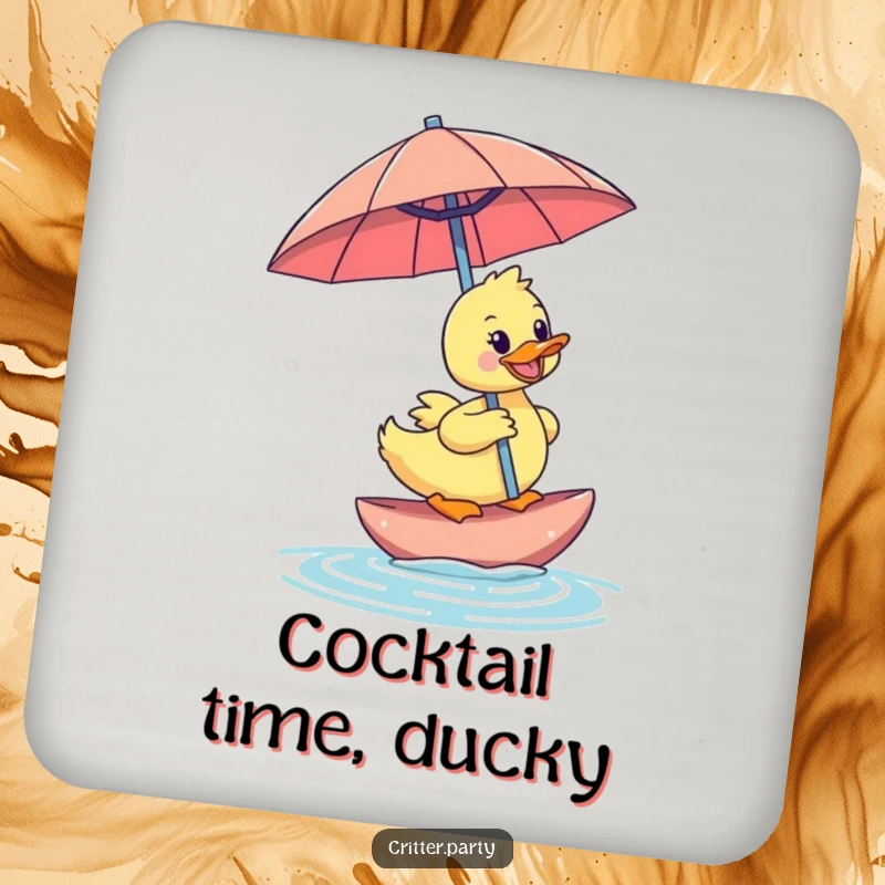 Funny duckling coaster with a happy duckling riding an oversized cocktail umbrella, adding tropical humor and charm to protect surfaces.