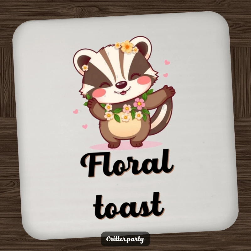 Funny drink coaster featuring a happy badger wearing a flower garland and dancing, protecting surfaces with natural joy.