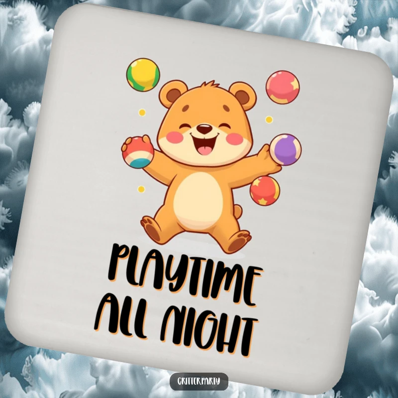 Funny coaster with an excited bear cub juggling bright, colorful balls with a wide smile, adding humor to drinks.