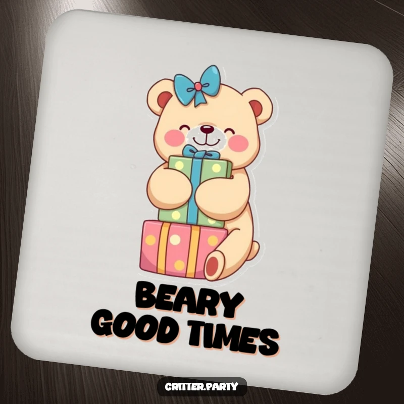 Funny coasters featuring a happy bear hugging colorful presents, protecting furniture with a touch of humor and festive charm.