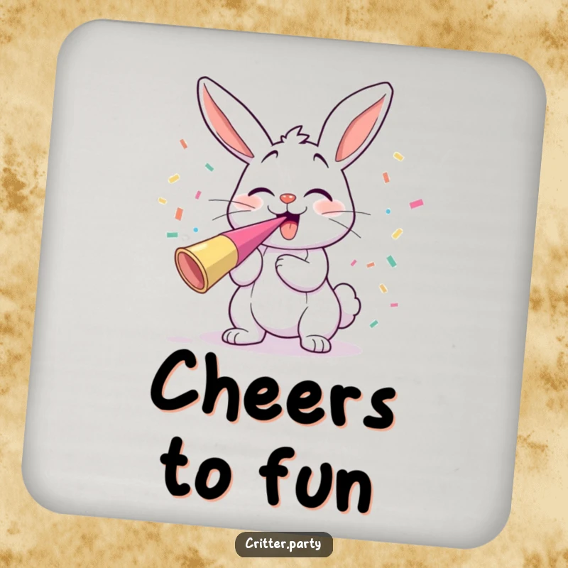 Funny giggling bunny blowing a party horn with confetti flying, humorous coasters for surface protection.