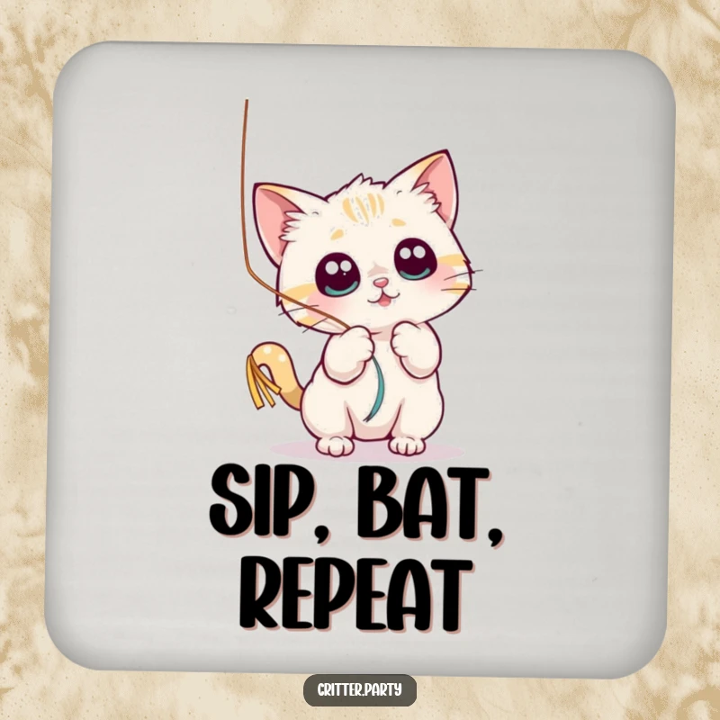 Funny drink coaster with a small cat character playfully batting at a shiny, dangling streamer with wide eyes, adding whimsical humor.
