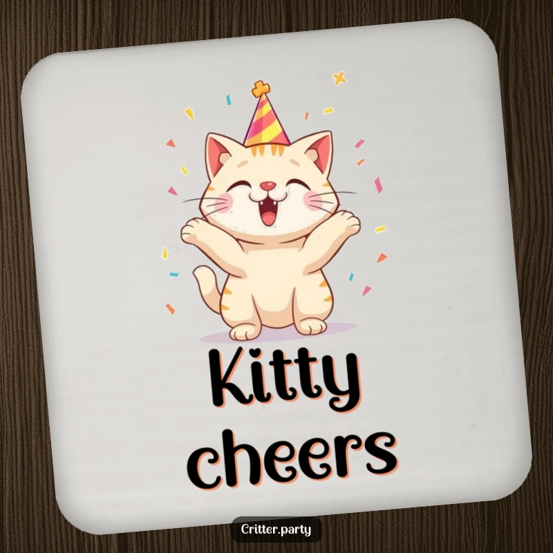 Funny drink coaster featuring an excited cat wearing a party hat, tossing confetti with glee.