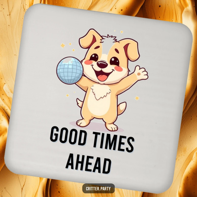 Funny dog character dancing with a disco ball, humorous coasters to protect surfaces during parties.