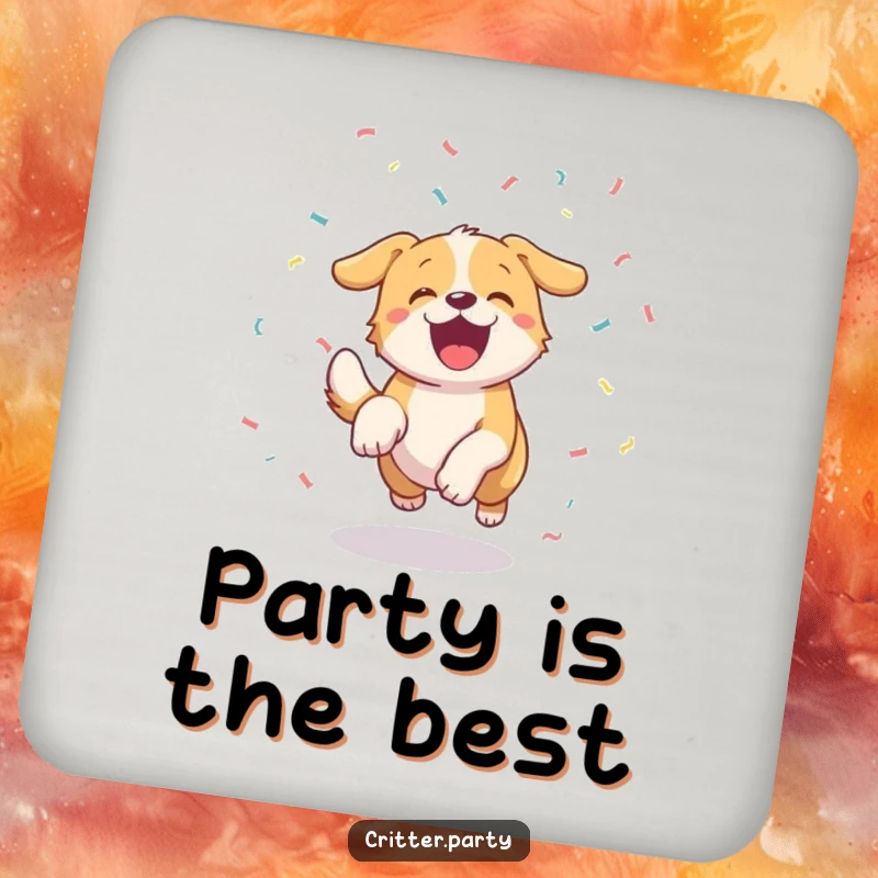 Set of funny excited dog coasters featuring a wagging tail and confetti chase, perfect for adding humorous protection.