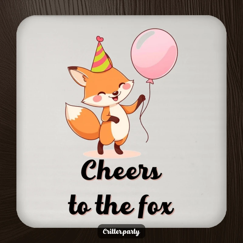 Funny coaster: A happy fox in a party hat dancing with a large balloon, adding humorous festive flair to drinks.
