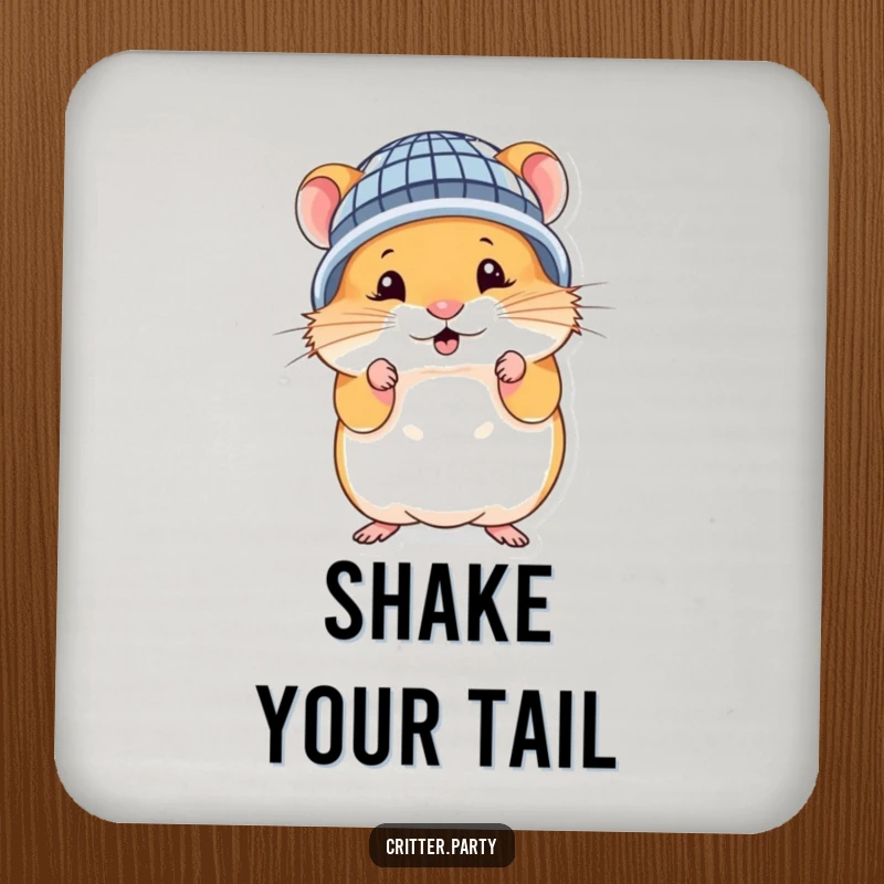 Funny hamster drink coaster featuring a cute character in a tiny disco ball helmet, striking a silly party pose.