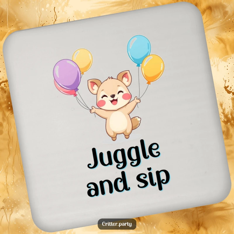 Funny coasters showcasing a tiny, smiling animal character juggling colorful balloons, bringing cheerful vibes to any surface.