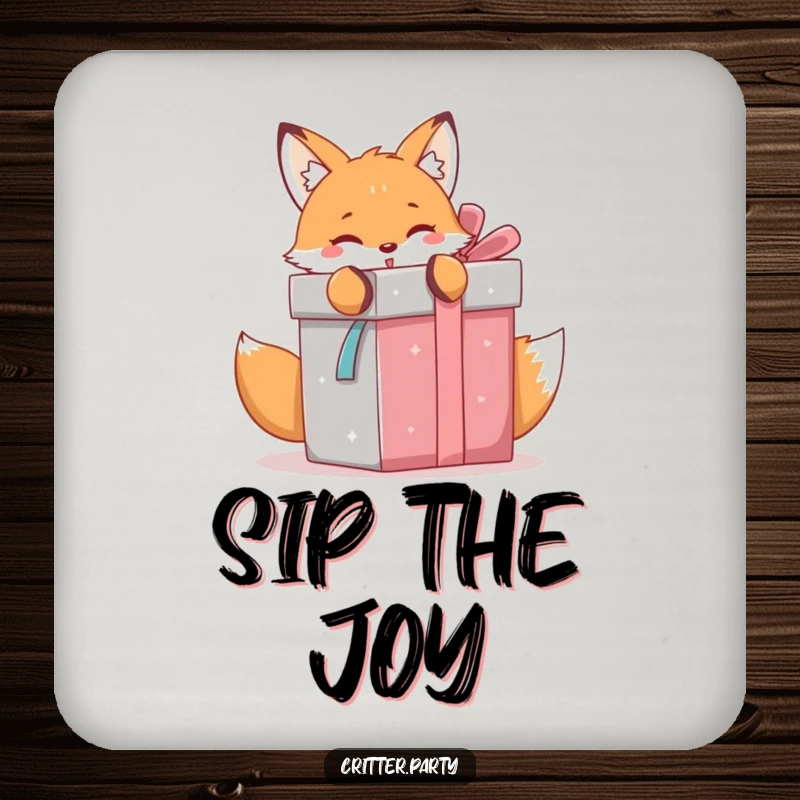 Funny kawaii fox playfully unwrapping a giant gift box, decorative coasters for a gift-themed party setting.