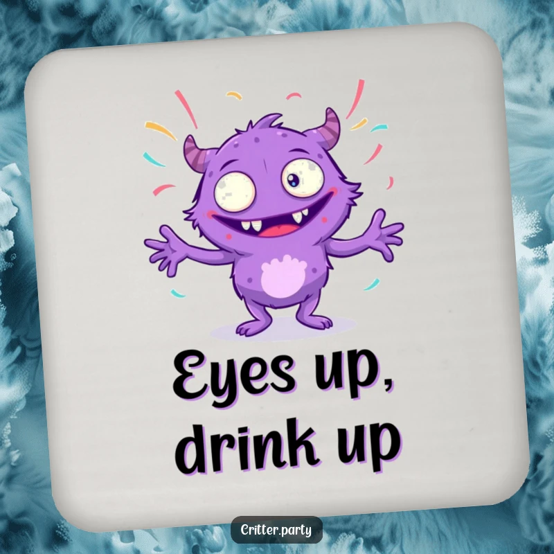 Funny purple monster drink coaster with many eyes, dancing with streamers, adding a quirky and protective touch to any table, ideal for a funny gift.