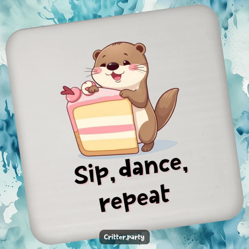Funny Otter Coaster: A joyful otter dancing around a large cake slice, adding a humorous touch to any drink setting.