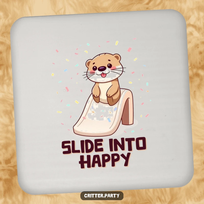 Funny coasters featuring a playful otter sliding down a confetti slide, protecting tables with a dose of whimsical fun.