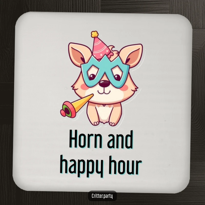Funny coasters showcasing a cheerful animal in a silly party mask, blowing a party horn, bringing festive vibes to any surface.