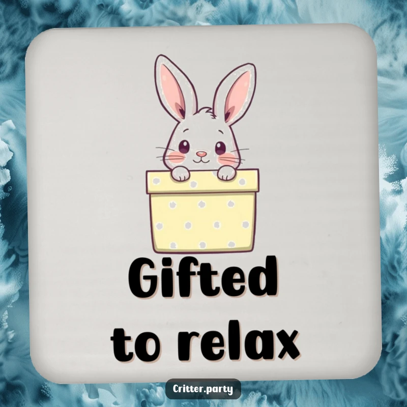 Funny drink coasters featuring a curious rabbit peeking out from a brightly wrapped gift box, adding playful charm and protection.