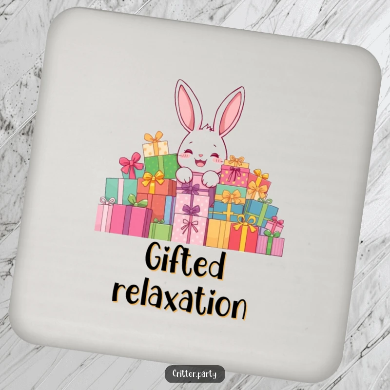 Funny rabbit present coaster featuring a delighted rabbit character peeking from behind a giant pile of presents, protecting surfaces humorously.