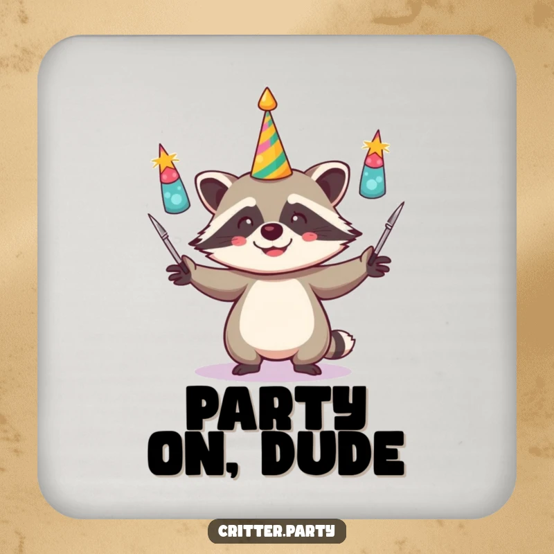 Funny coasters featuring a raccoon juggling shiny party horns, protecting tables with a dose of energetic humor and celebration.