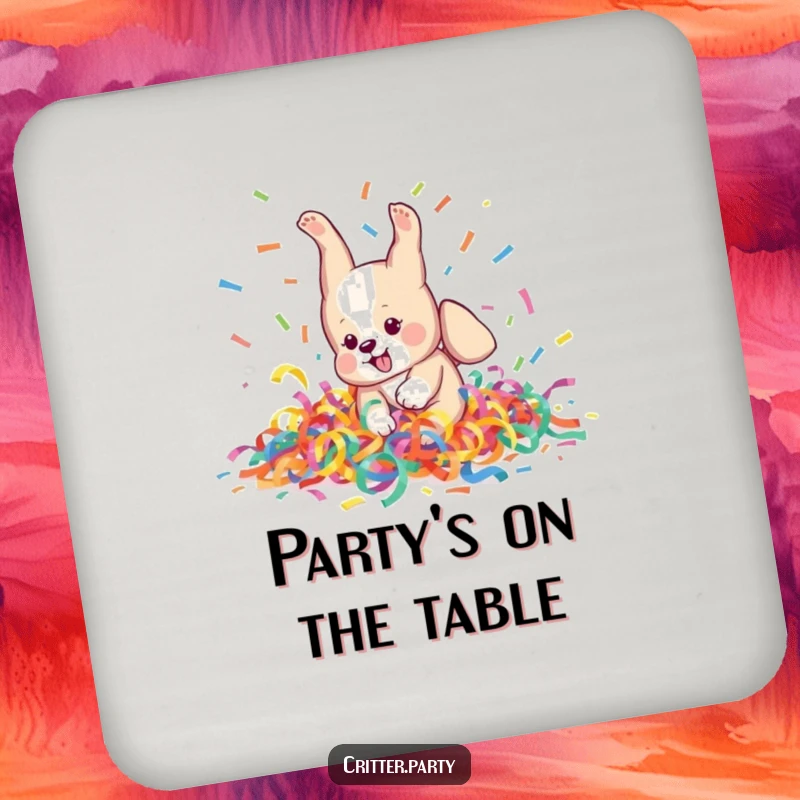 Funny Coaster: A playful puppy character attempts a somersault in a pile of colorful streamers, adding humorous protection.