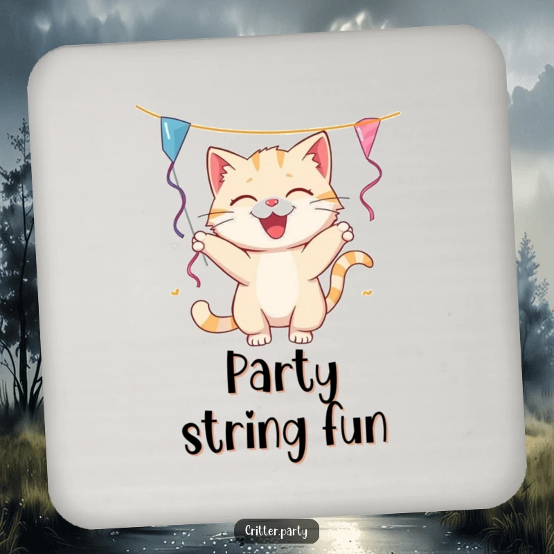 Funny cat coaster with a cat playfully batting at a dangling party streamer, adding humorous feline charm to protect surfaces.