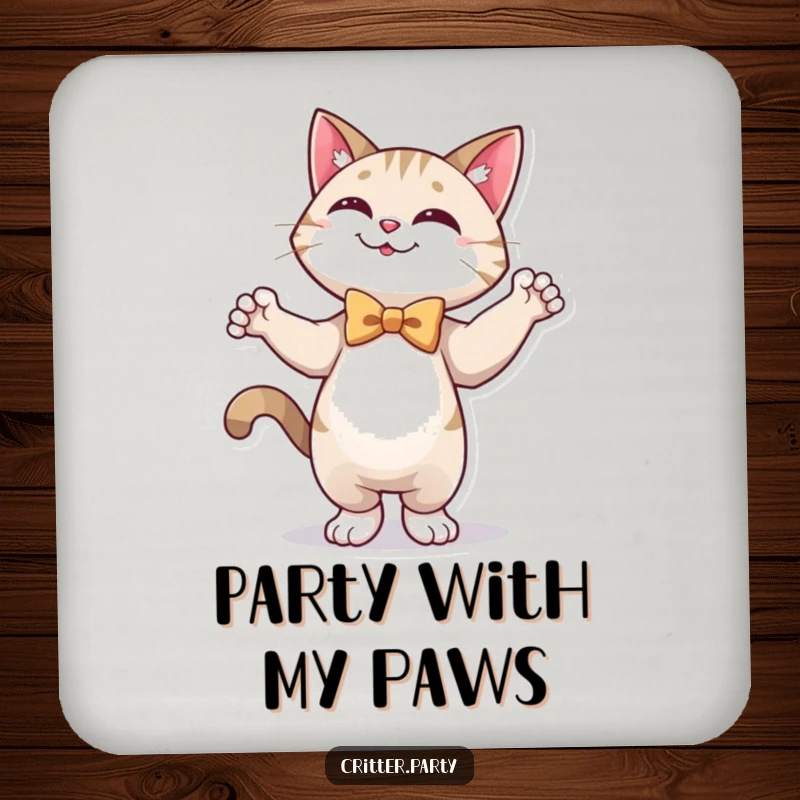 Funny coasters featuring a happy cat in a bow tie, dancing with joy, protecting surfaces with style.
